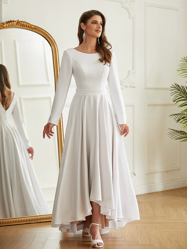 A-Line/Princess Stretch Crepe Ruffles Scoop Long Sleeves Asymmetrical Wedding Dresses Bridal Gowns