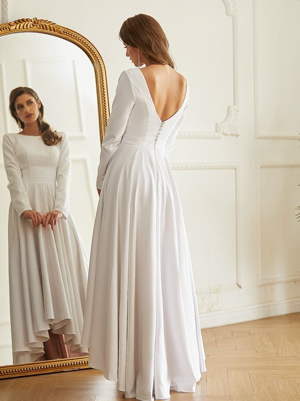A-Line/Princess Stretch Crepe Ruffles Scoop Long Sleeves Asymmetrical Wedding Dresses Bridal Gowns