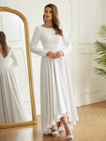 A-Line/Princess Stretch Crepe Ruffles Scoop Long Sleeves Asymmetrical Wedding Dresses Bridal Gowns