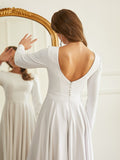 A-Line/Princess Stretch Crepe Ruffles Scoop Long Sleeves Asymmetrical Wedding Dresses Bridal Gowns