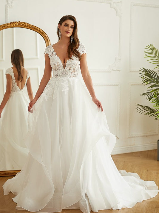 A-Line/Princess Organza Lace V-neck Short Sleeves Court Train Wedding Dresses Bridal Gowns