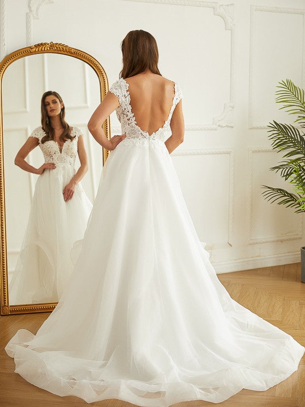 A-Line/Princess Organza Lace V-neck Short Sleeves Court Train Wedding Dresses Bridal Gowns