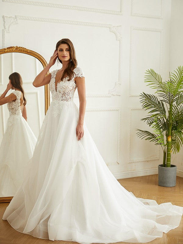 A-Line/Princess Organza Lace V-neck Short Sleeves Court Train Wedding Dresses Bridal Gowns