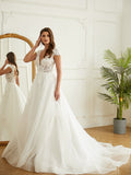 A-Line/Princess Organza Lace V-neck Short Sleeves Court Train Wedding Dresses Bridal Gowns