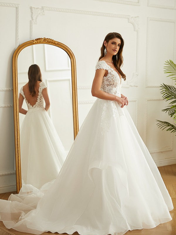 A-Line/Princess Organza Lace V-neck Short Sleeves Court Train Wedding Dresses Bridal Gowns
