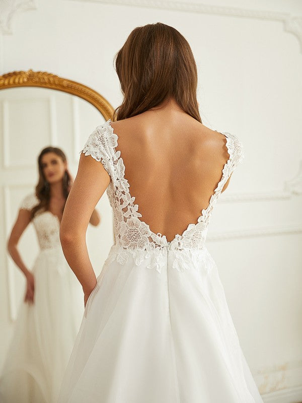 A-Line/Princess Organza Lace V-neck Short Sleeves Court Train Wedding Dresses Bridal Gowns
