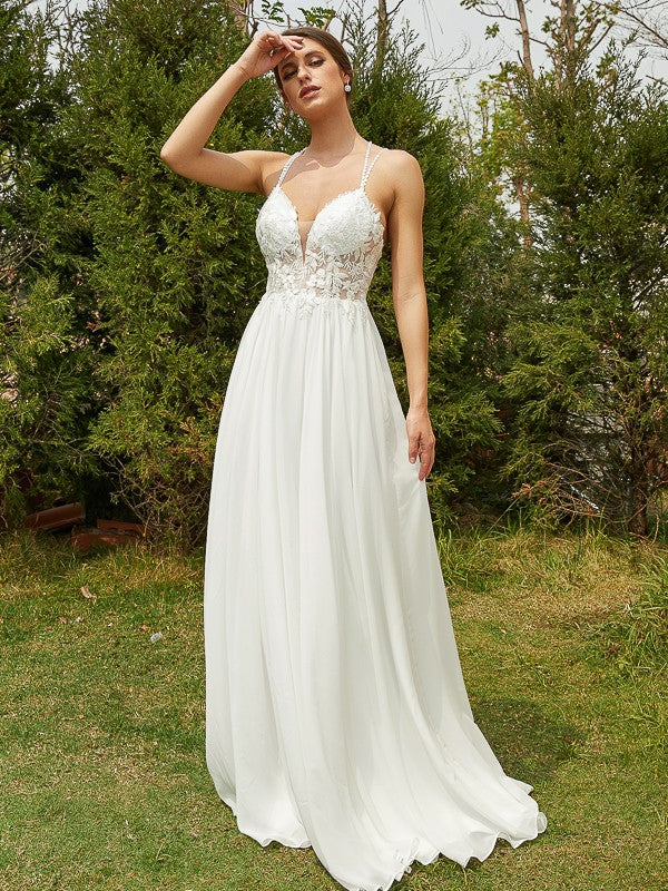 A-Linie/Princess-Linie Chiffon Spitze V-Ausschnitt Ärmellos Sweep/Pinsel zug Brautkleider