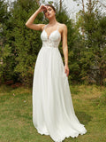 A-Linie/Princess-Linie Chiffon Spitze V-Ausschnitt Ärmellos Sweep/Pinsel zug Brautkleider