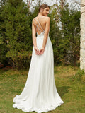 A-Linie/Princess-Linie Chiffon Spitze V-Ausschnitt Ärmellos Sweep/Pinsel zug Brautkleider