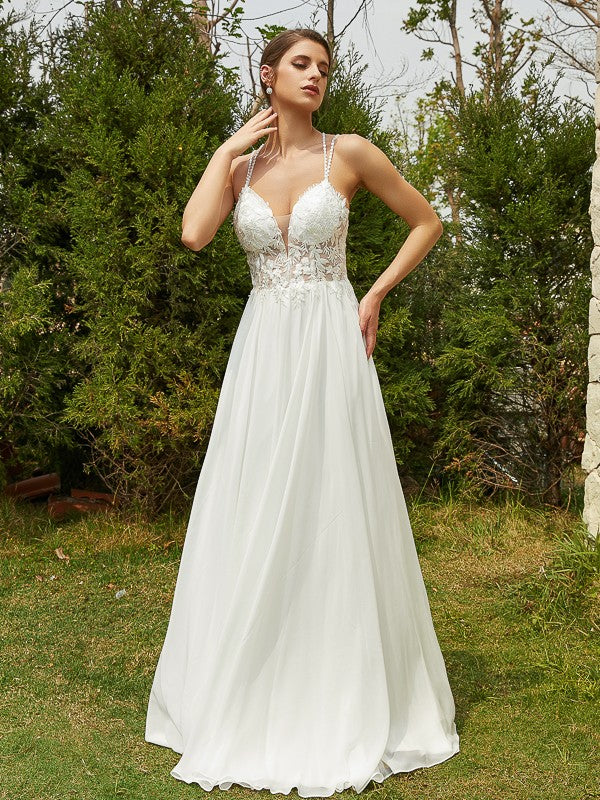 A-Linie/Princess-Linie Chiffon Spitze V-Ausschnitt Ärmellos Sweep/Pinsel zug Brautkleider