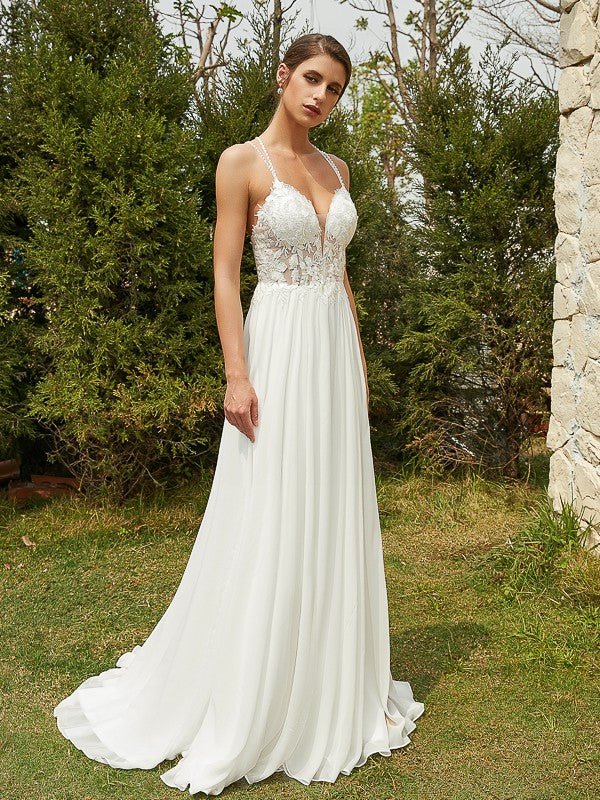 A-Linie/Princess-Linie Chiffon Spitze V-Ausschnitt Ärmellos Sweep/Pinsel zug Brautkleider