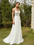 A-Linie/Princess-Linie Chiffon Spitze V-Ausschnitt Ärmellos Sweep/Pinsel zug Brautkleider