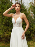 A-Linie/Princess-Linie Chiffon Spitze V-Ausschnitt Ärmellos Sweep/Pinsel zug Brautkleider