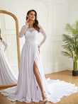 A-Line/Princess Satin Chiffon Lace Off-the-Shoulder Long Sleeves Cathedral Train Wedding Dresses Bridal Gowns