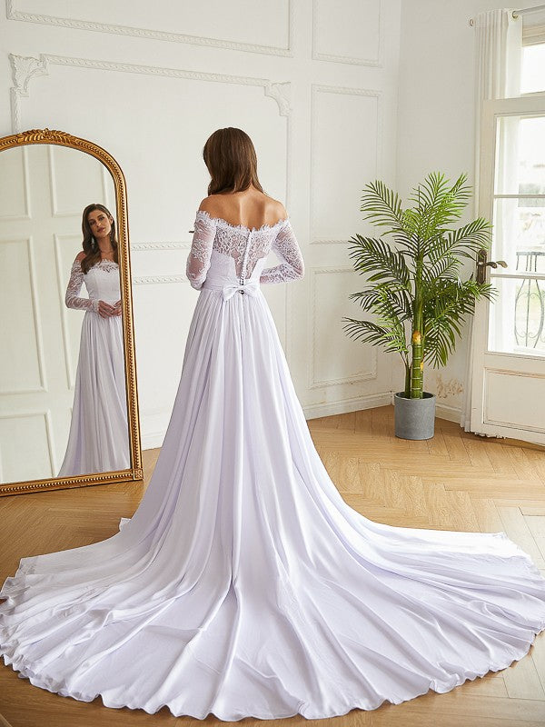 A-Line/Princess Satin Chiffon Lace Off-the-Shoulder Long Sleeves Cathedral Train Wedding Dresses Bridal Gowns