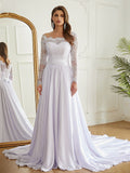 A-Line/Princess Satin Chiffon Lace Off-the-Shoulder Long Sleeves Cathedral Train Wedding Dresses Bridal Gowns