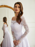 A-Line/Princess Satin Chiffon Lace Off-the-Shoulder Long Sleeves Cathedral Train Wedding Dresses Bridal Gowns