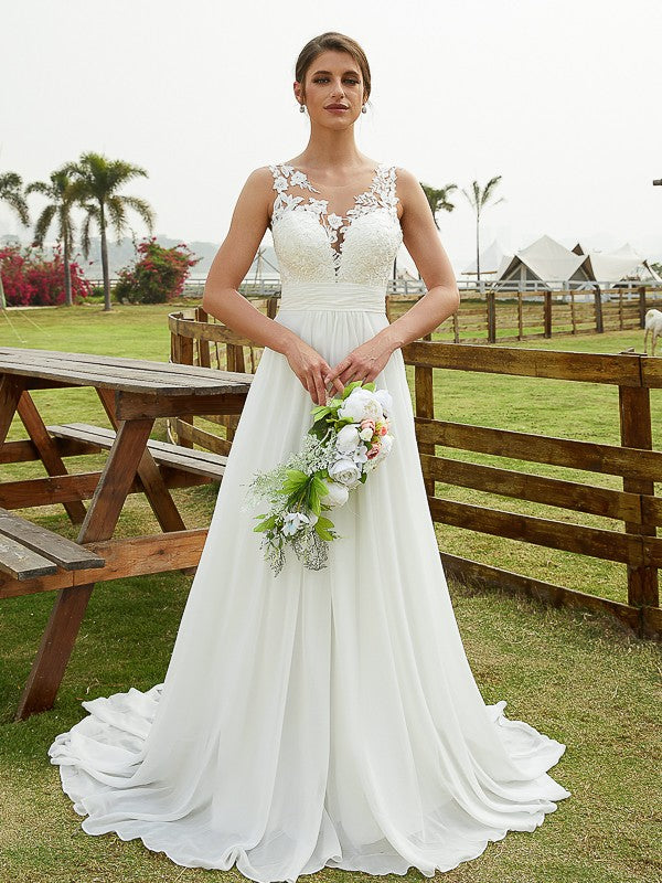 A-Line/Princess Chiffon Lace Scoop Sleeveless Sweep/Brush Train Wedding Dresses Bridal Gowns