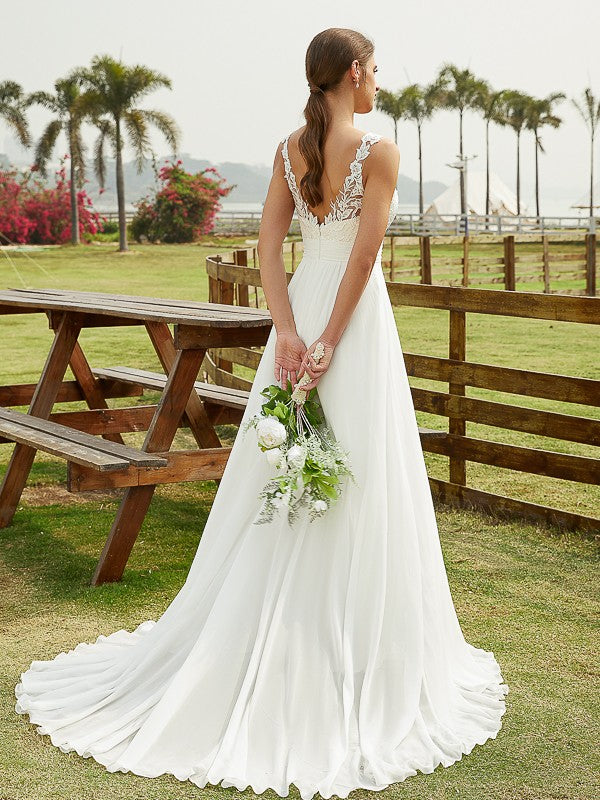 A-Line/Princess Chiffon Lace Scoop Sleeveless Sweep/Brush Train Wedding Dresses Bridal Gowns