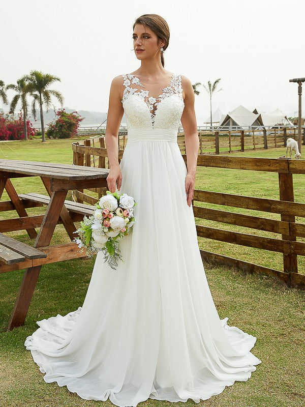 A-Line/Princess Chiffon Lace Scoop Sleeveless Sweep/Brush Train Wedding Dresses Bridal Gowns