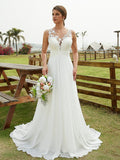 A-Line/Princess Chiffon Lace Scoop Sleeveless Sweep/Brush Train Wedding Dresses Bridal Gowns