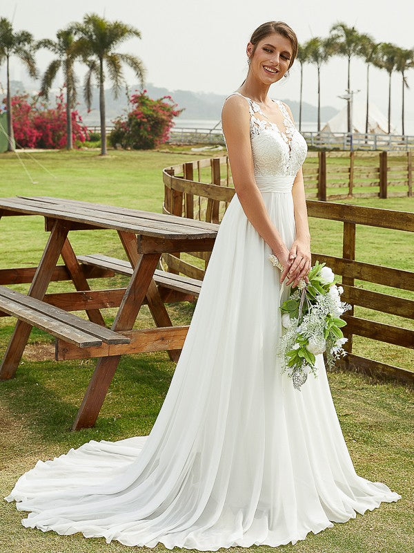 A-Line/Princess Chiffon Lace Scoop Sleeveless Sweep/Brush Train Wedding Dresses Bridal Gowns