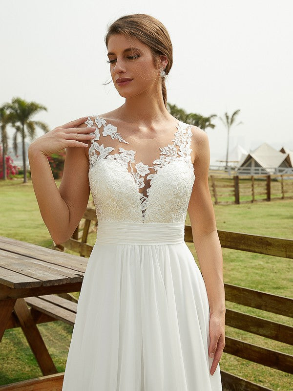 A-Line/Princess Chiffon Lace Scoop Sleeveless Sweep/Brush Train Wedding Dresses Bridal Gowns