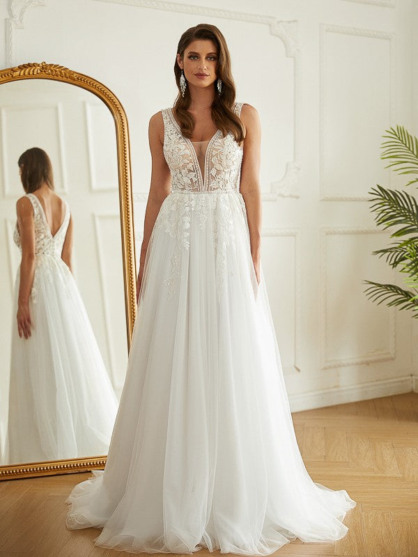 A-Linie/Princess-Linie Tüll Applikationen V-Ausschnitt Ärmellos Sweep/Pinsel zug Brautkleider