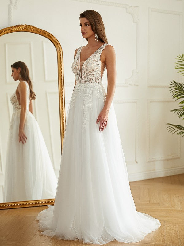 A-Linie/Princess-Linie Tüll Applikationen V-Ausschnitt Ärmellos Sweep/Pinsel zug Brautkleider
