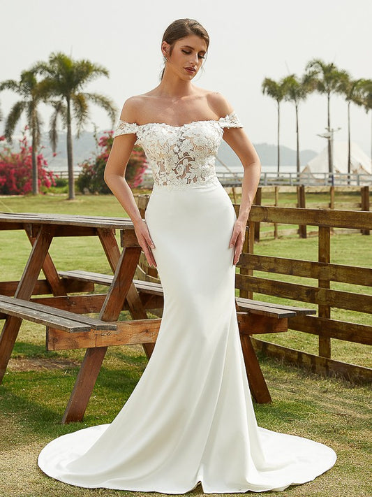 Sheath/Column Stretch Crepe Lace Off-the-Shoulder Sleeveless Court Train Wedding Dresses Bridal Gowns