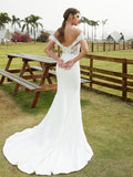 Sheath/Column Stretch Crepe Lace Off-the-Shoulder Sleeveless Court Train Wedding Dresses Bridal Gowns