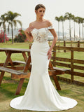 Sheath/Column Stretch Crepe Lace Off-the-Shoulder Sleeveless Court Train Wedding Dresses Bridal Gowns