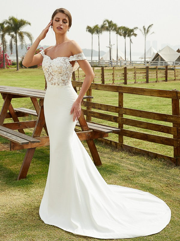 Sheath/Column Stretch Crepe Lace Off-the-Shoulder Sleeveless Court Train Wedding Dresses Bridal Gowns