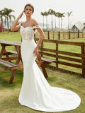 Sheath/Column Stretch Crepe Lace Off-the-Shoulder Sleeveless Court Train Wedding Dresses Bridal Gowns