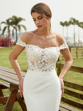Sheath/Column Stretch Crepe Lace Off-the-Shoulder Sleeveless Court Train Wedding Dresses Bridal Gowns