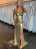 Mermaid Sweetheart Strapless Metallic Empire Prom Dress With Side Slit