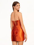 Red Strapless Keyhole Ruched Satin Sheath Short Homecoming Dress