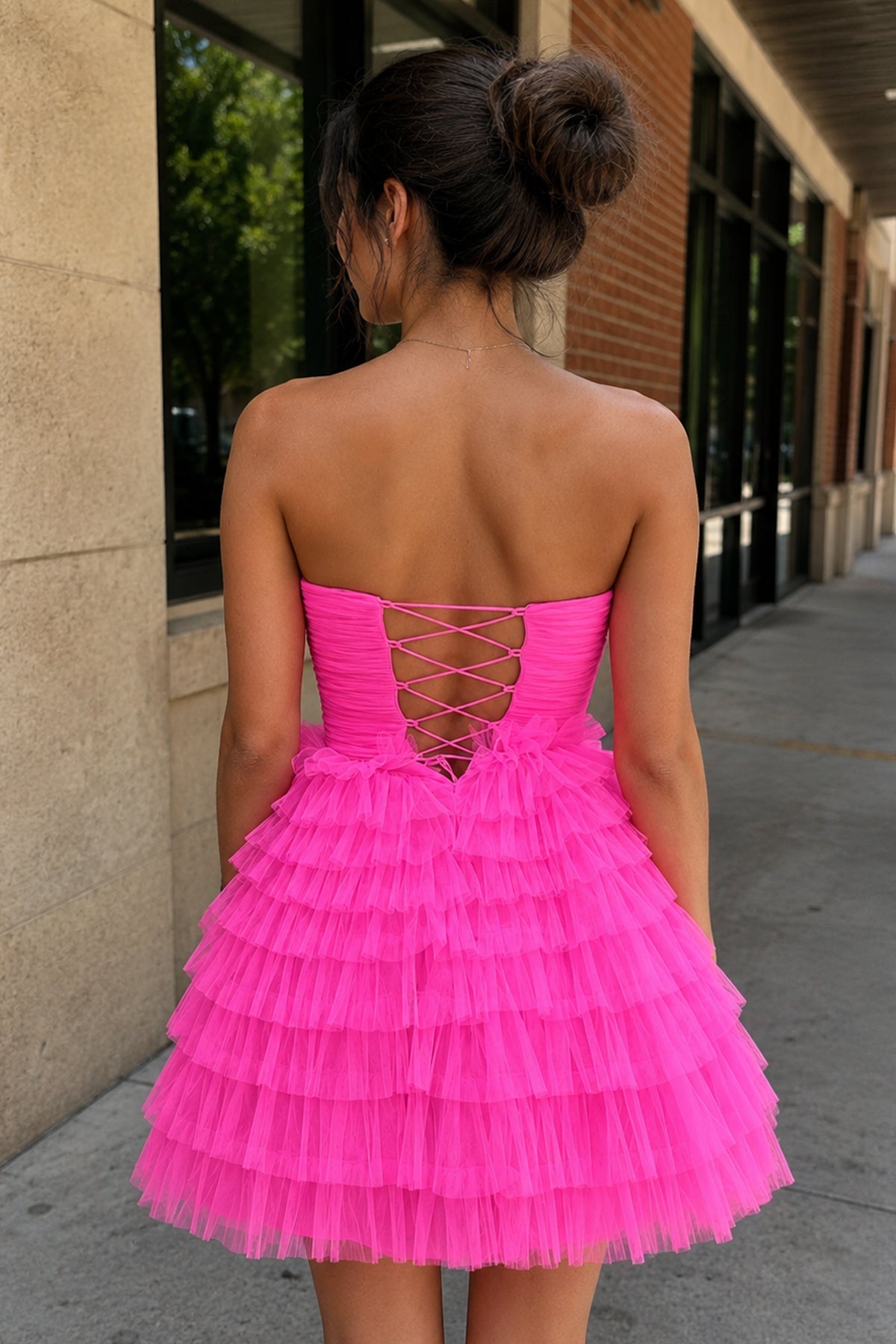 Hot Pink - Keyhole Strapless A-Line Ruffles Short Homecoming Dress