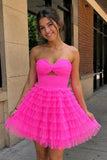 Hot Pink - Keyhole Strapless A-Line Ruffles Short Homecoming Dress