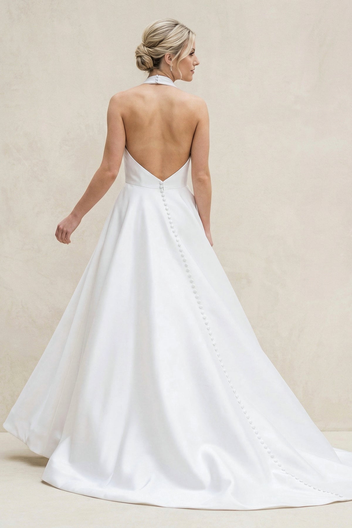 White Halter A-line Satin Wedding Dress with Buttons