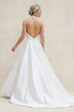 White Halter A-line Satin Wedding Dress with Buttons