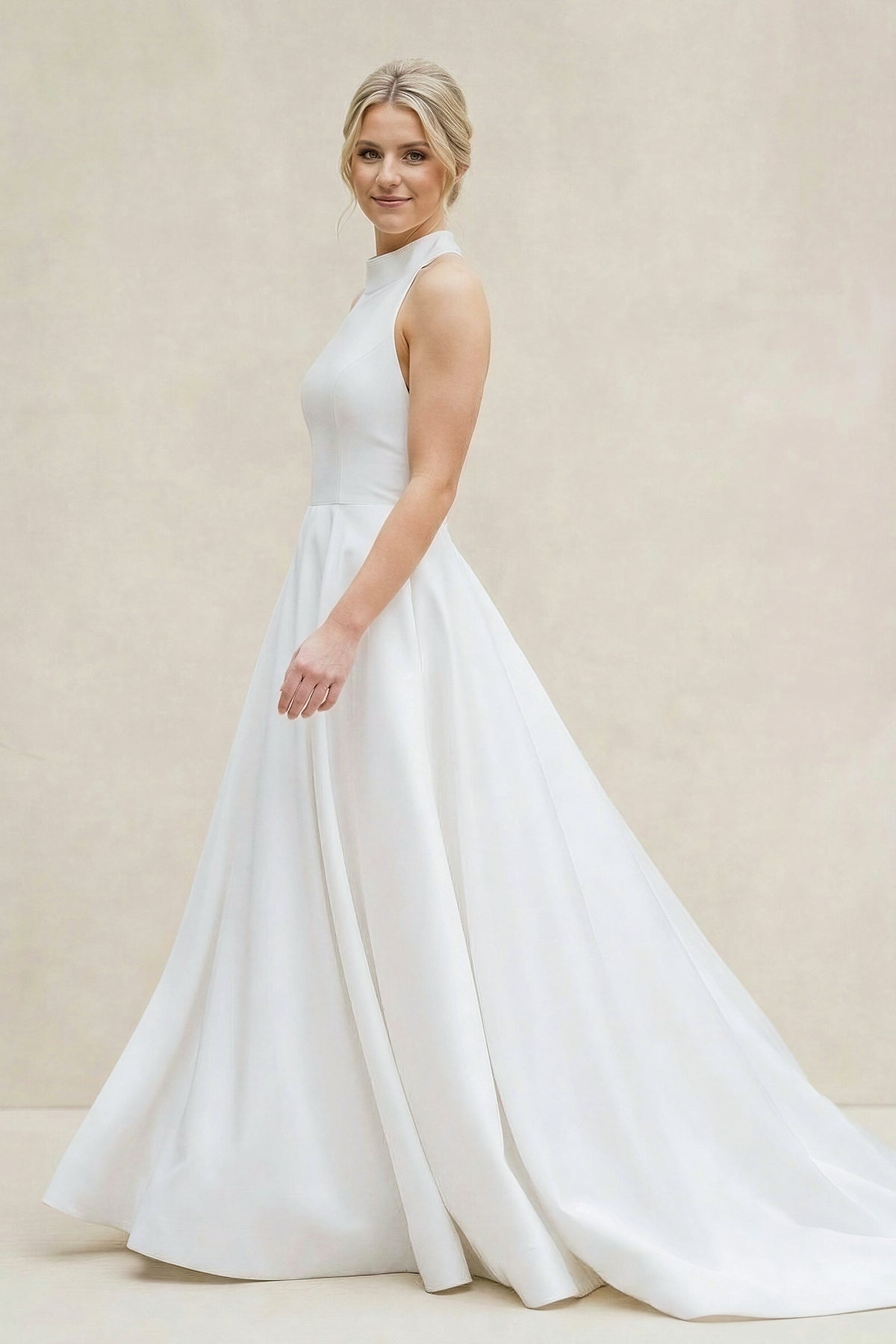 White Halter A-line Satin Wedding Dress with Buttons