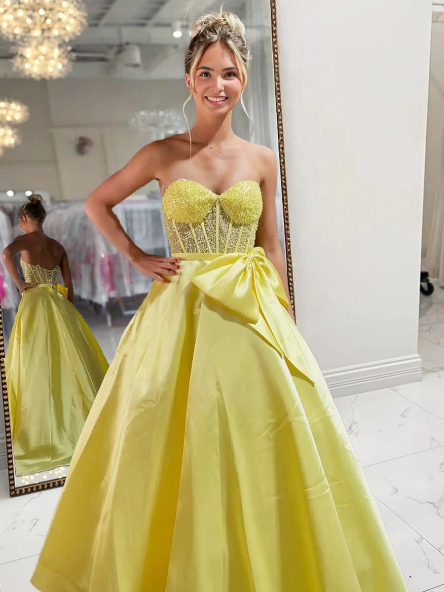 A-Line Sweetheart Lilac Beaded Long Prom Dresses With Bow