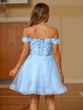 Vestido de fiesta de graduación, corte A/princesa, con apliques de tul, hombros descubiertos, sin mangas, corto/mini
