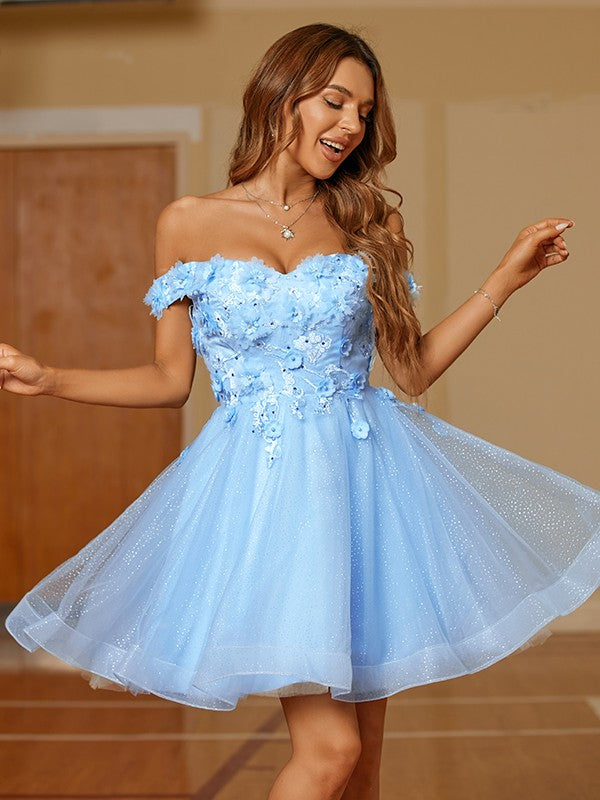 Vestido de fiesta de graduación, corte A/princesa, con apliques de tul, hombros descubiertos, sin mangas, corto/mini