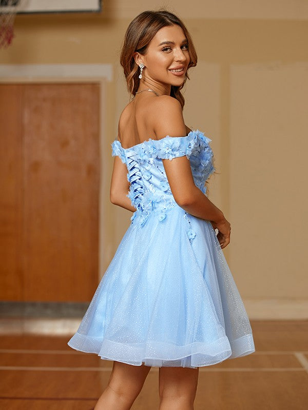Vestido de fiesta de graduación, corte A/princesa, con apliques de tul, hombros descubiertos, sin mangas, corto/mini