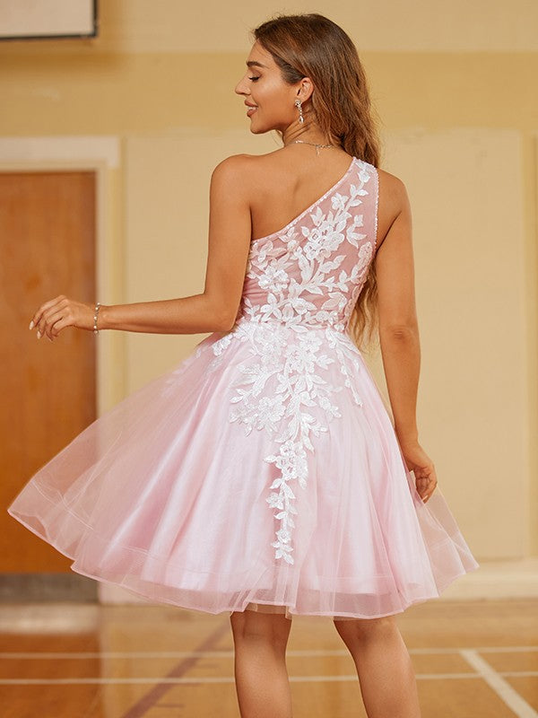 A-Linie/Princess-Linie Tüll Spitze One-Shoulder-Träger Ärmellos Kurz/Mini Kleider Ballkleid