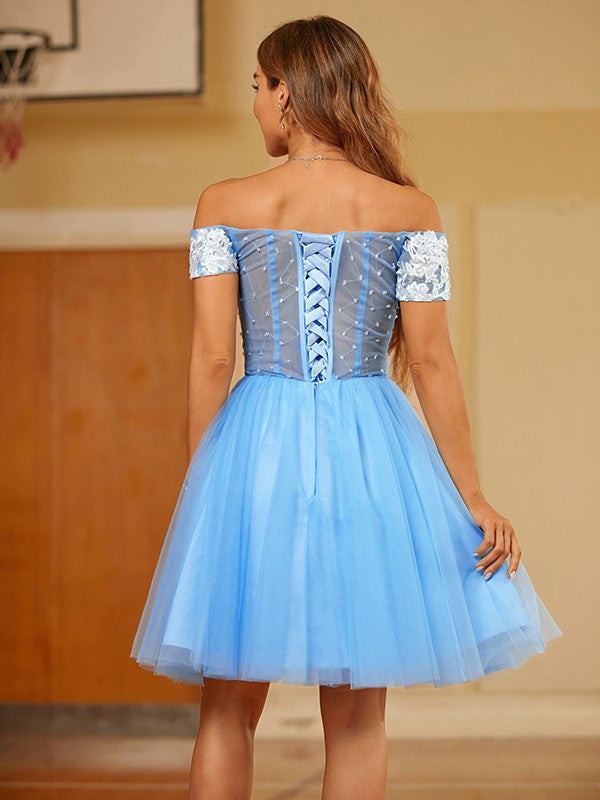 A-Linie/Princess-Linie Tüll Spitze Schulterfrei Kurze Ärmel Kurz/Mini Kleider Ballkleid