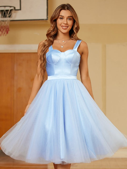 Vestido de fiesta de graduación, corte A/princesa, de tul, con volantes, tirantes, sin mangas y hasta la rodilla
