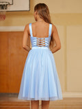 Vestido de fiesta de graduación, corte A/princesa, de tul, con volantes, tirantes, sin mangas y hasta la rodilla